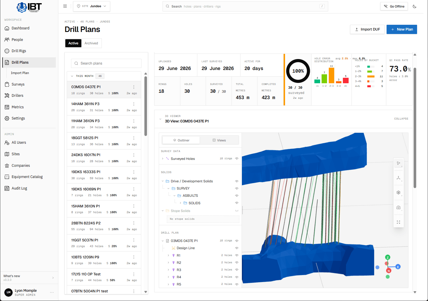 IBT Survey Portal drill plan view with 3D hole viewer