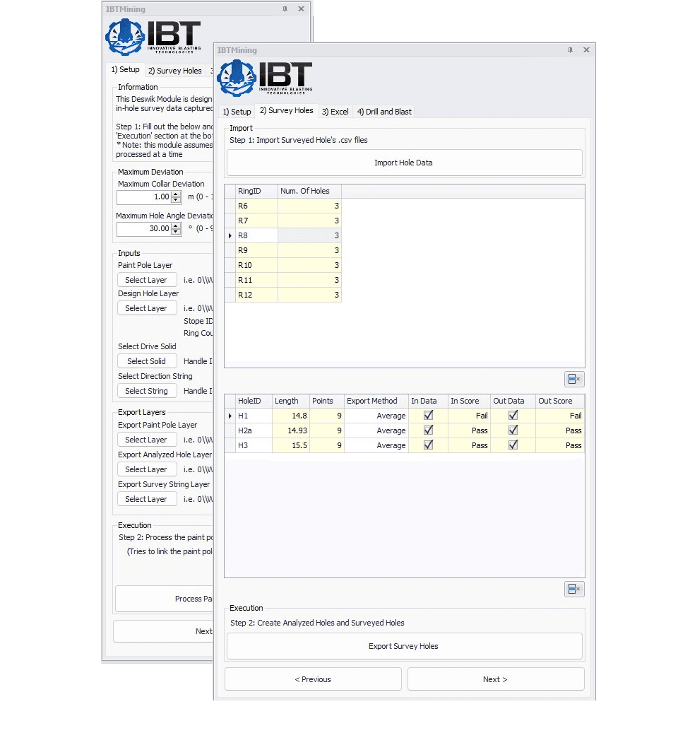 IBT Deswik module survey hole processing panels
