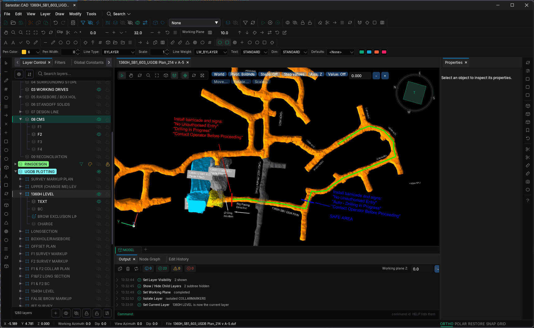 Sarastar.CAD editing an underground drill and blast plan